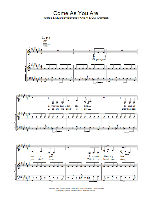 Learn to play Beverley Knight Come As You Are sheet music for Piano, Vocal & Guitar Chords in minutes. Price: 7.8900$ Beverley Knight Come As You Are sheet music notes and chords arranged for Piano, Vocal & Guitar Chords