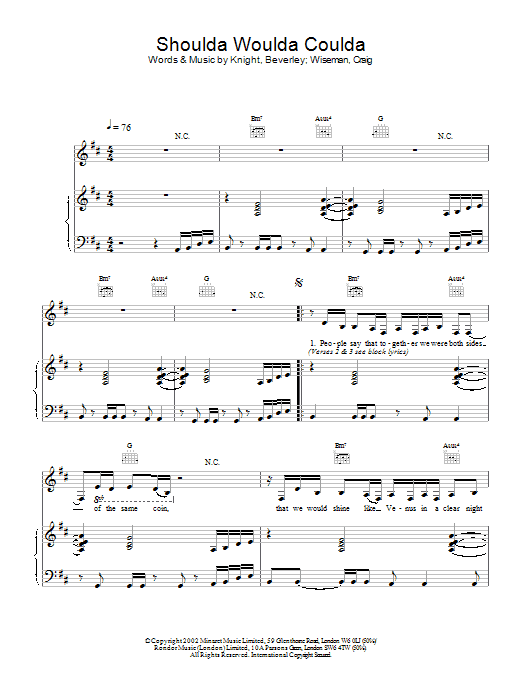 Learn to play Beverley Knight Shoulda Woulda Coulda sheet music for Piano, Vocal & Guitar Chords in minutes. Price: 7.8900$ Beverley Knight Shoulda Woulda Coulda sheet music notes and chords arranged for Piano, Vocal & Guitar Chords