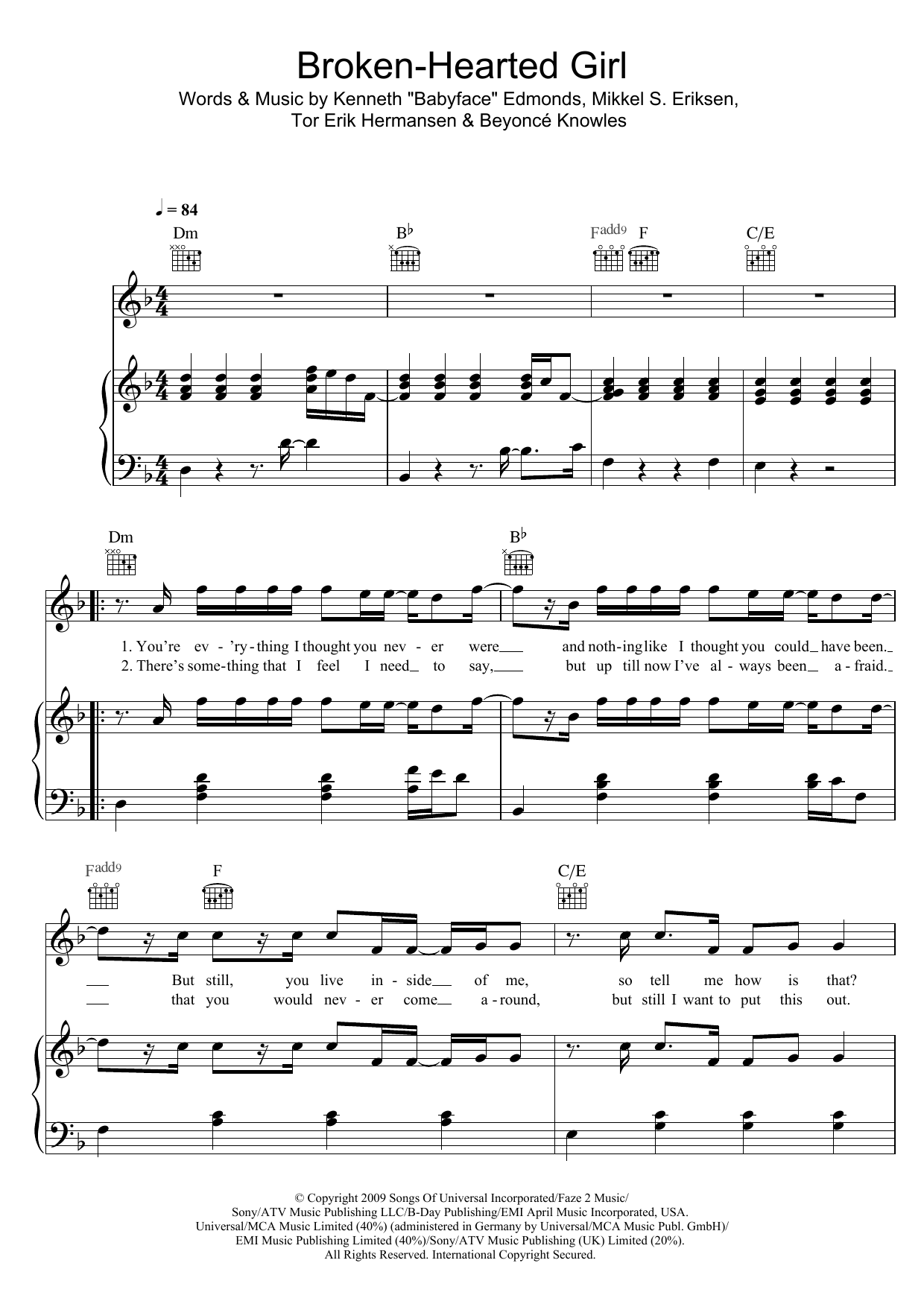 Beyoncé Broken-Hearted Girl sheet music notes and chords. Download Printable PDF.