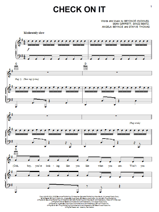 Learn to play Destiny's Child Check On It sheet music for Piano, Vocal & Guitar Chords (Right-Hand Melody) in minutes. Price: 7.8900$ Destiny's Child Check On It sheet music notes and chords arranged for Piano, Vocal & Guitar Chords (Right-Hand Melody)