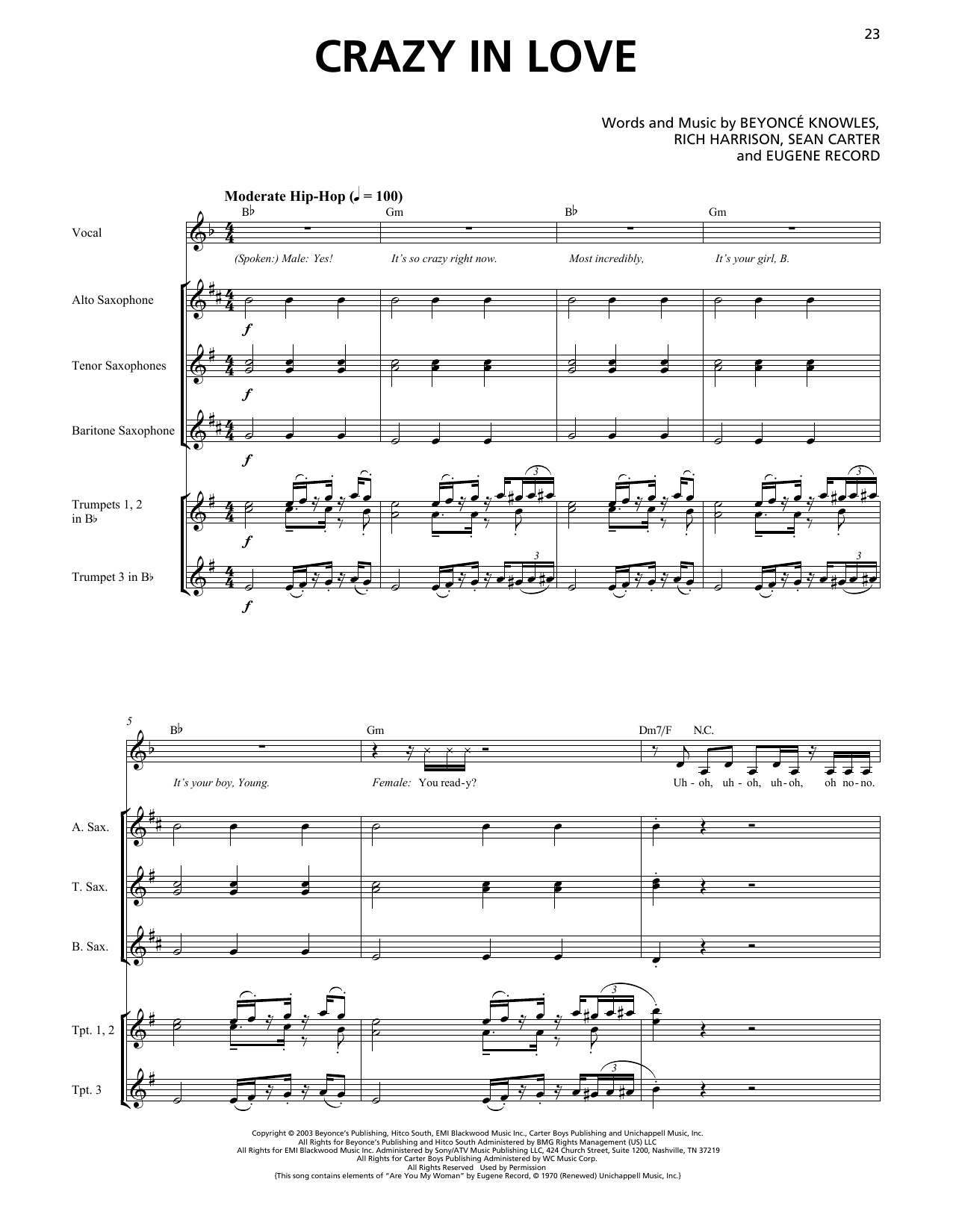 Learn to play Beyoncé Crazy In Love (feat. Jay-Z) (Horn Section) sheet music for Transcribed Score in minutes. Price: 7.8900$ Beyoncé Crazy In Love (feat. Jay-Z) (Horn Section) sheet music notes and chords arranged for Transcribed Score