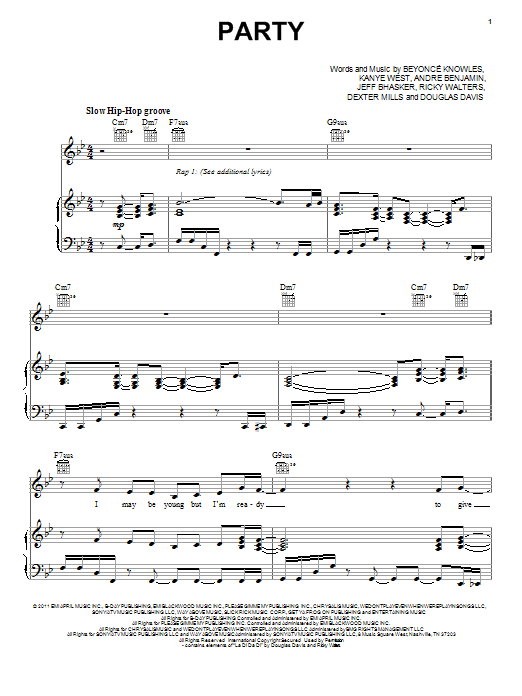 Learn to play Beyoncé Party (feat. Andre 3000) sheet music for Piano, Vocal & Guitar Chords (Right-Hand Melody) in minutes. Price: 7.8900$ Beyoncé Party (feat. Andre 3000) sheet music notes and chords arranged for Piano, Vocal & Guitar Chords (Right-Hand Melody)
