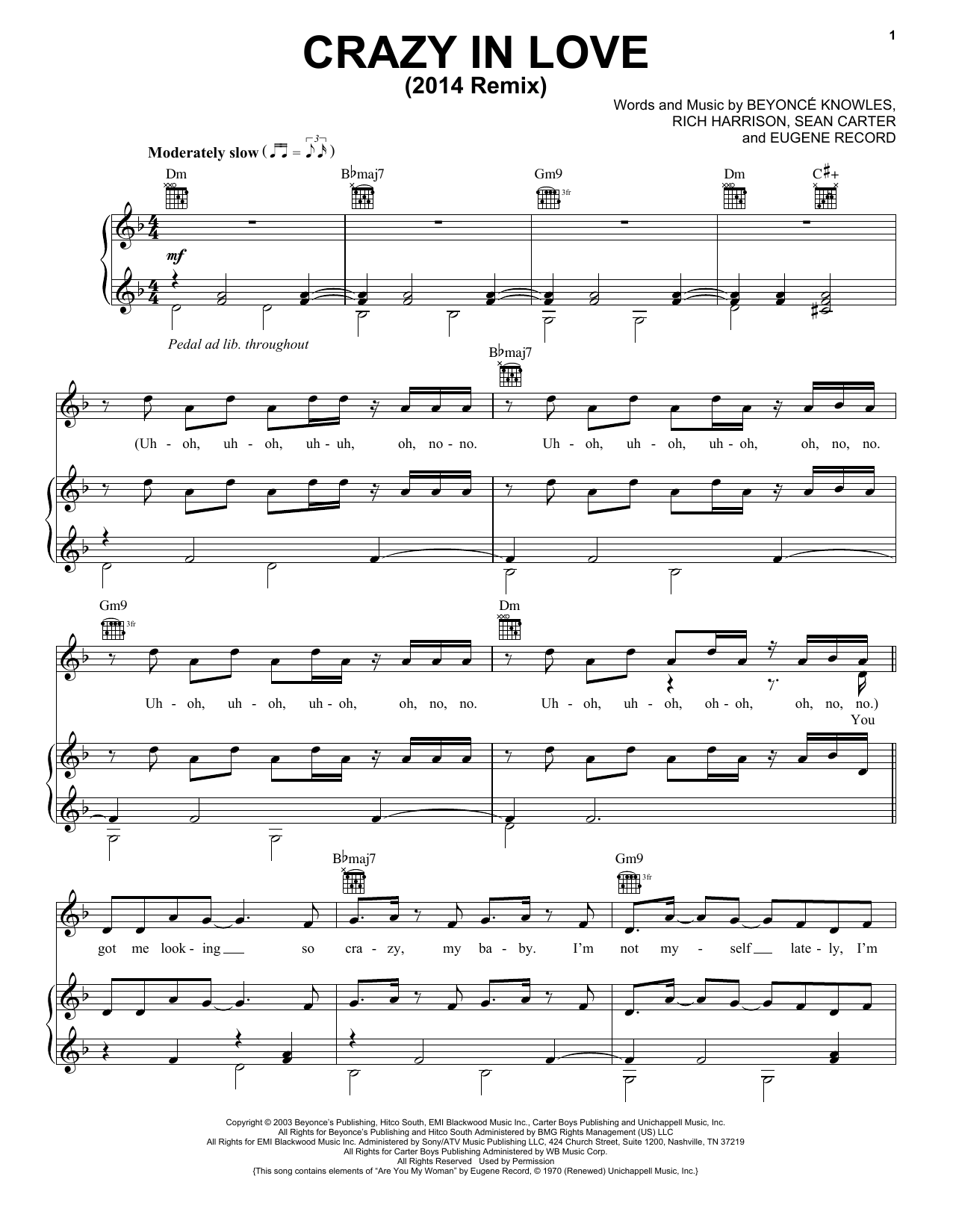 Beyoncé Crazy In Love sheet music notes and chords arranged for Piano, Vocal & Guitar Chords (Right-Hand Melody)