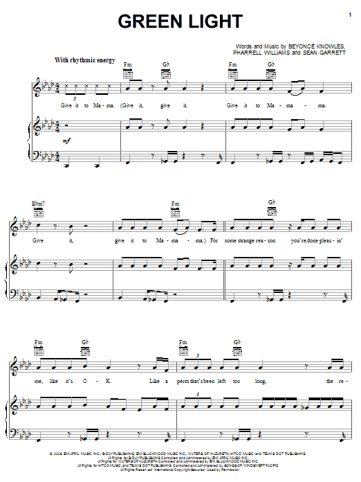 Beyoncé Green Light sheet music notes and chords. Download Printable PDF.