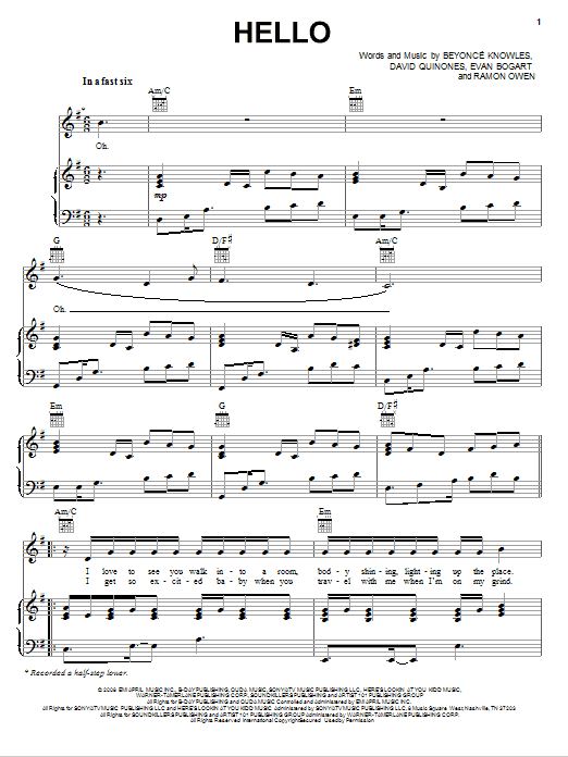 Beyoncé Hello sheet music notes and chords arranged for Piano, Vocal & Guitar Chords