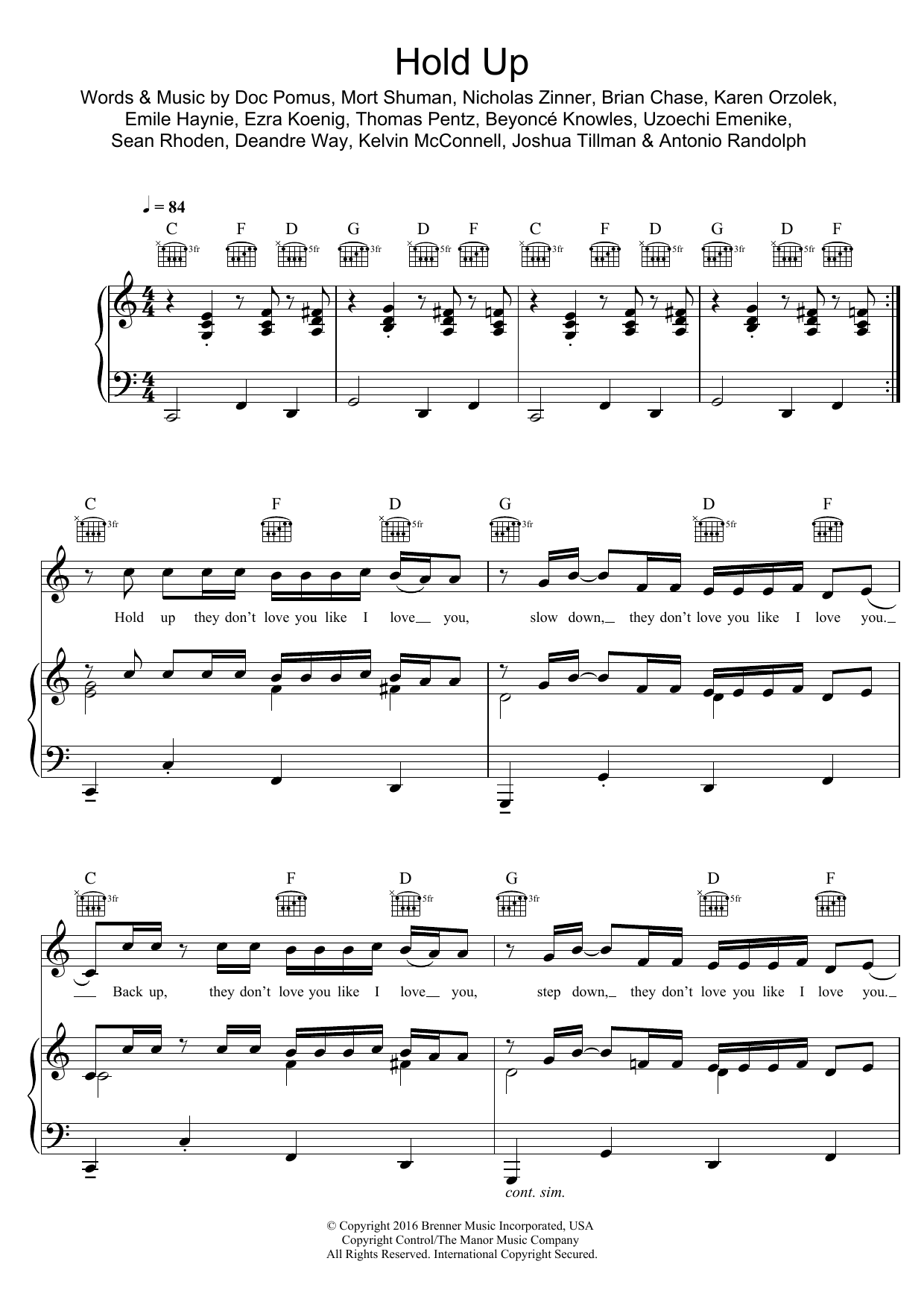 Beyoncé Hold Up sheet music notes and chords arranged for Piano, Vocal & Guitar Chords (Right-Hand Melody)