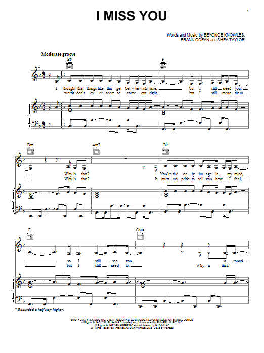Learn to play Beyoncé I Miss You sheet music for Piano, Vocal & Guitar Chords (Right-Hand Melody) in minutes. Price: 7.8900$ Beyoncé I Miss You sheet music notes and chords arranged for Piano, Vocal & Guitar Chords (Right-Hand Melody)
