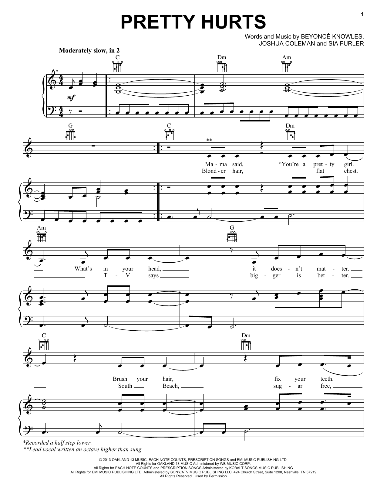 Beyoncé Pretty Hurts sheet music notes and chords arranged for Piano, Vocal & Guitar Chords (Right-Hand Melody)