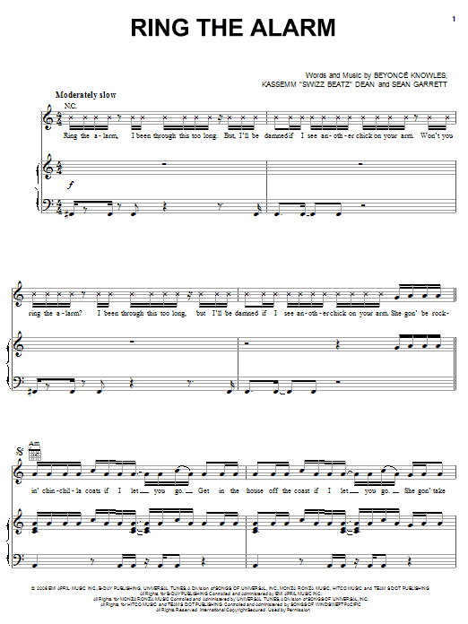 Beyonce Ring The Alarm sheet music notes and chords arranged for Piano, Vocal & Guitar Chords (Right-Hand Melody)