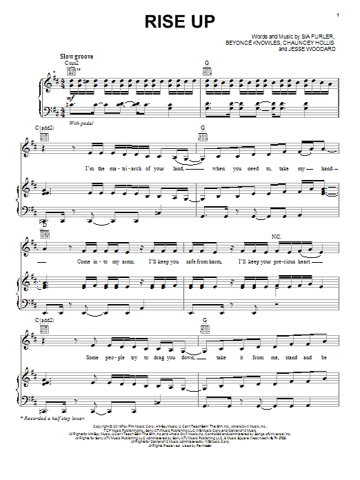 Beyoncé Rise Up sheet music notes and chords arranged for Piano, Vocal & Guitar Chords (Right-Hand Melody)