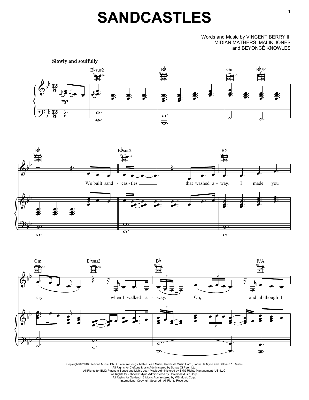 Beyonce Sandcastles sheet music notes and chords. Download Printable PDF.