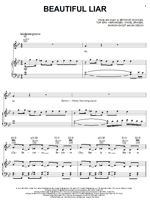 Beyoncé & Shakira Beautiful Liar sheet music notes and chords arranged for Piano, Vocal & Guitar Chords (Right-Hand Melody)