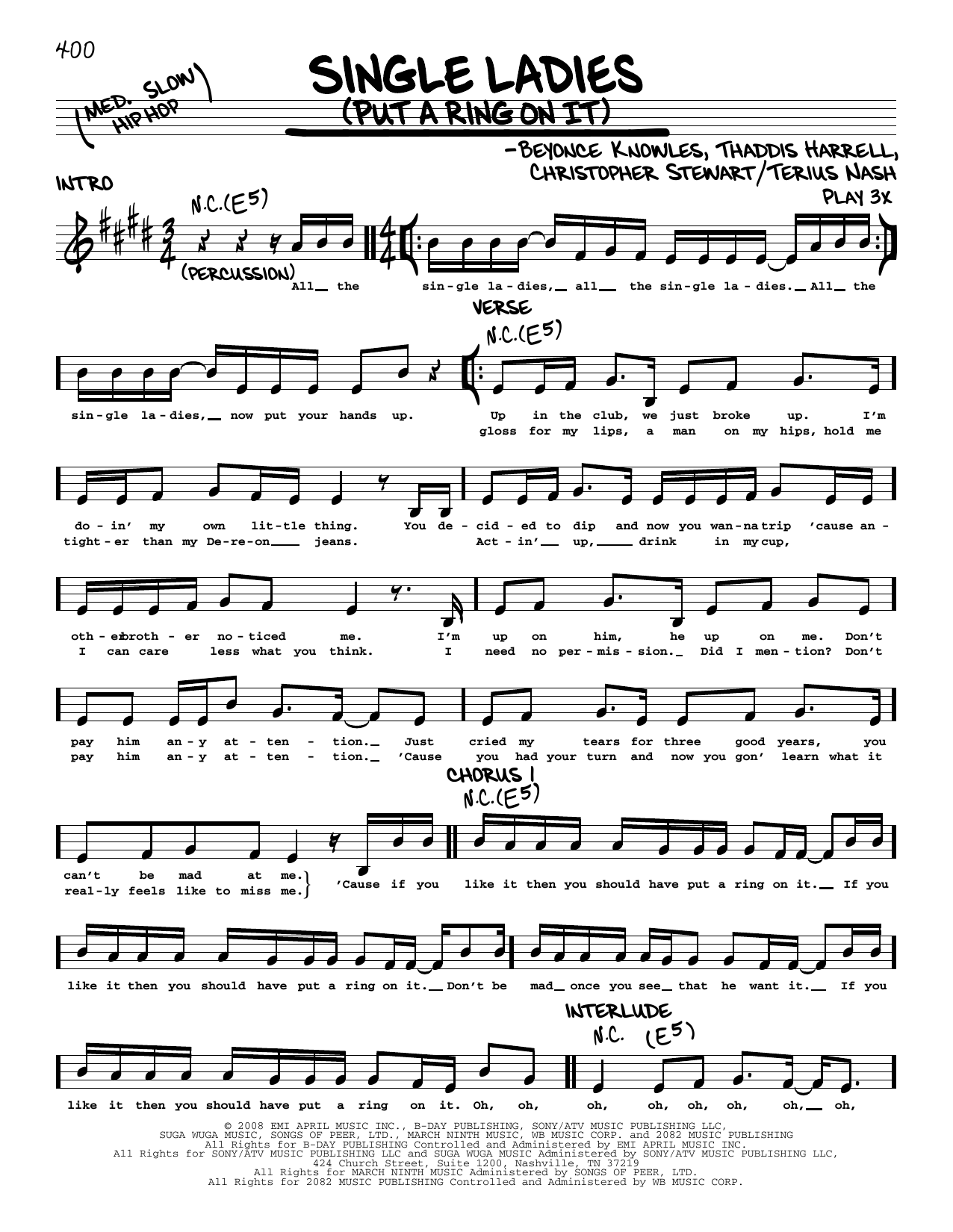 Beyoncé Single Ladies (Put A Ring On It) sheet music notes and chords. Download Printable PDF.