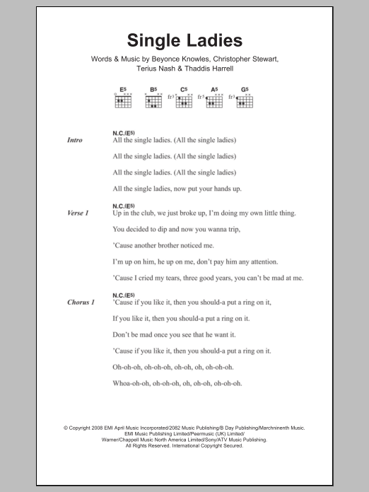 Beyonce Single Ladies sheet music notes and chords. Download Printable PDF.