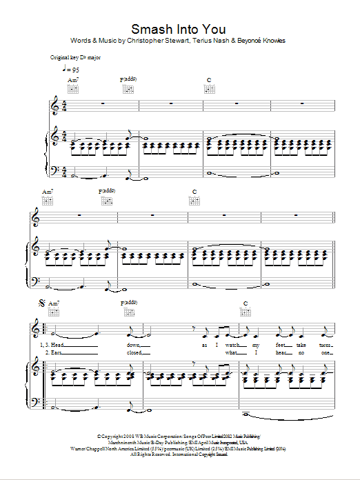 Beyoncé Smash Into You sheet music notes and chords. Download Printable PDF.