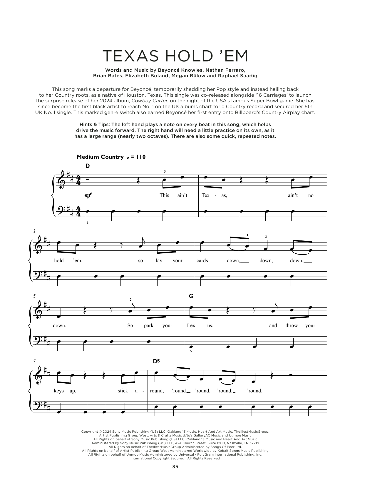 Beyoncé Texas Hold 'Em sheet music notes and chords. Download Printable PDF.