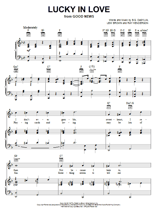 Learn to play B.G. DeSylva Lucky In Love sheet music for Real Book – Melody & Chords in minutes. Price: 5.9900$ B.G. DeSylva Lucky In Love sheet music notes and chords arranged for Real Book – Melody & Chords