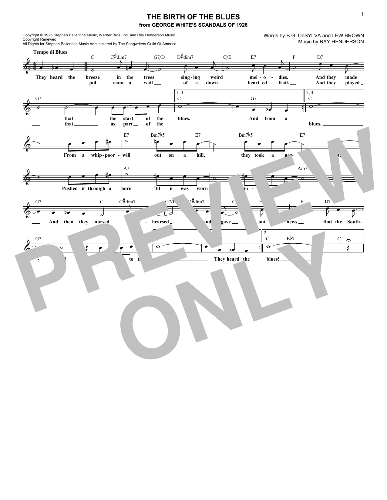 B.G. DeSylva The Birth Of The Blues sheet music notes and chords. Download Printable PDF.