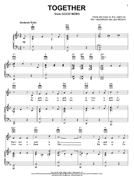 Learn to play B.G. DeSylva Together sheet music for Piano, Vocal & Guitar Chords (Right-Hand Melody) in minutes. Price: 7.8900$ B.G. DeSylva Together sheet music notes and chords arranged for Piano, Vocal & Guitar Chords (Right-Hand Melody)