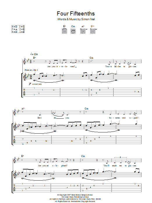 Learn to play Biffy Clyro 4/15ths (Four Fifteenths) sheet music for Guitar Tab in minutes. Price: 7.8900$ Biffy Clyro 4/15ths (Four Fifteenths) sheet music notes and chords arranged for Guitar Tab