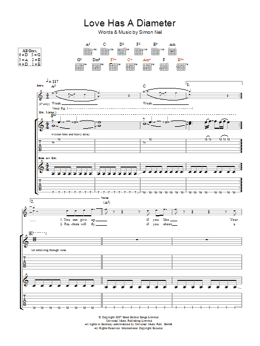 Learn to play Biffy Clyro Love Has A Diameter sheet music for Guitar Tab in minutes. Price: 7.8900$ Biffy Clyro Love Has A Diameter sheet music notes and chords arranged for Guitar Tab