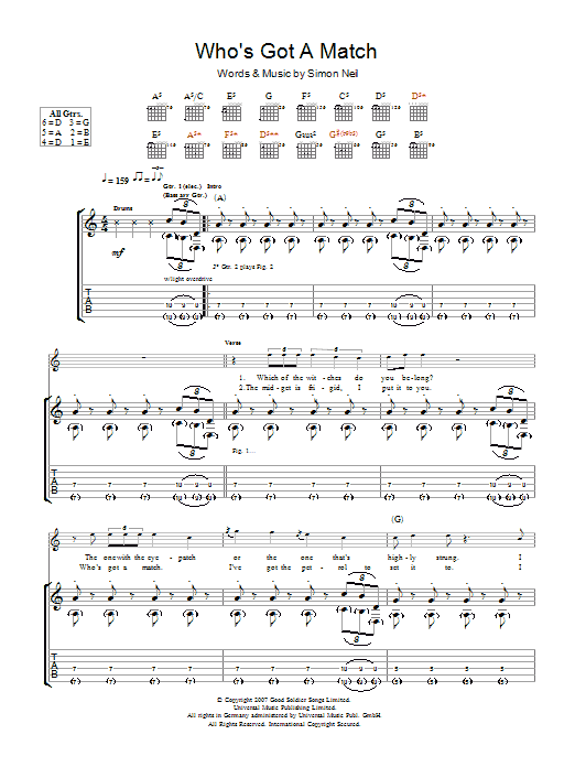 Learn to play Biffy Clyro Who's Got A Match sheet music for Guitar Tab in minutes. Price: 7.8900$ Biffy Clyro Who's Got A Match sheet music notes and chords arranged for Guitar Tab