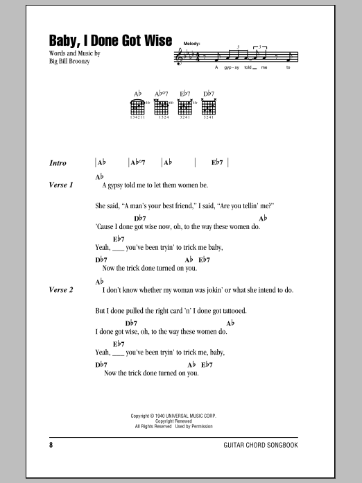 Big Bill Broonzy Baby, I Done Got Wise sheet music notes and chords. Download Printable PDF.