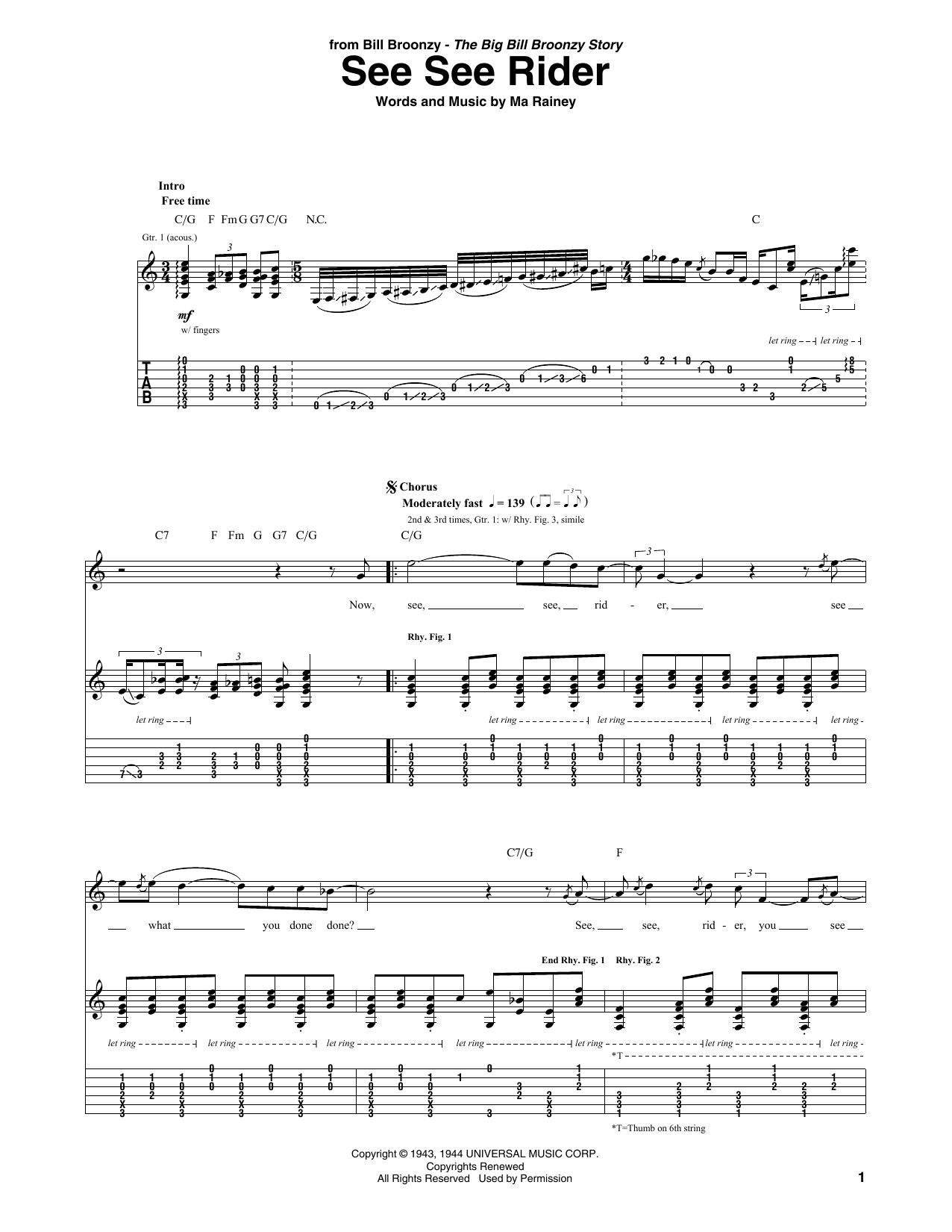 Learn to play Big Bill Broonzy See See Rider sheet music for Guitar Tab in minutes. Price: 7.8900$ Big Bill Broonzy See See Rider sheet music notes and chords arranged for Guitar Tab