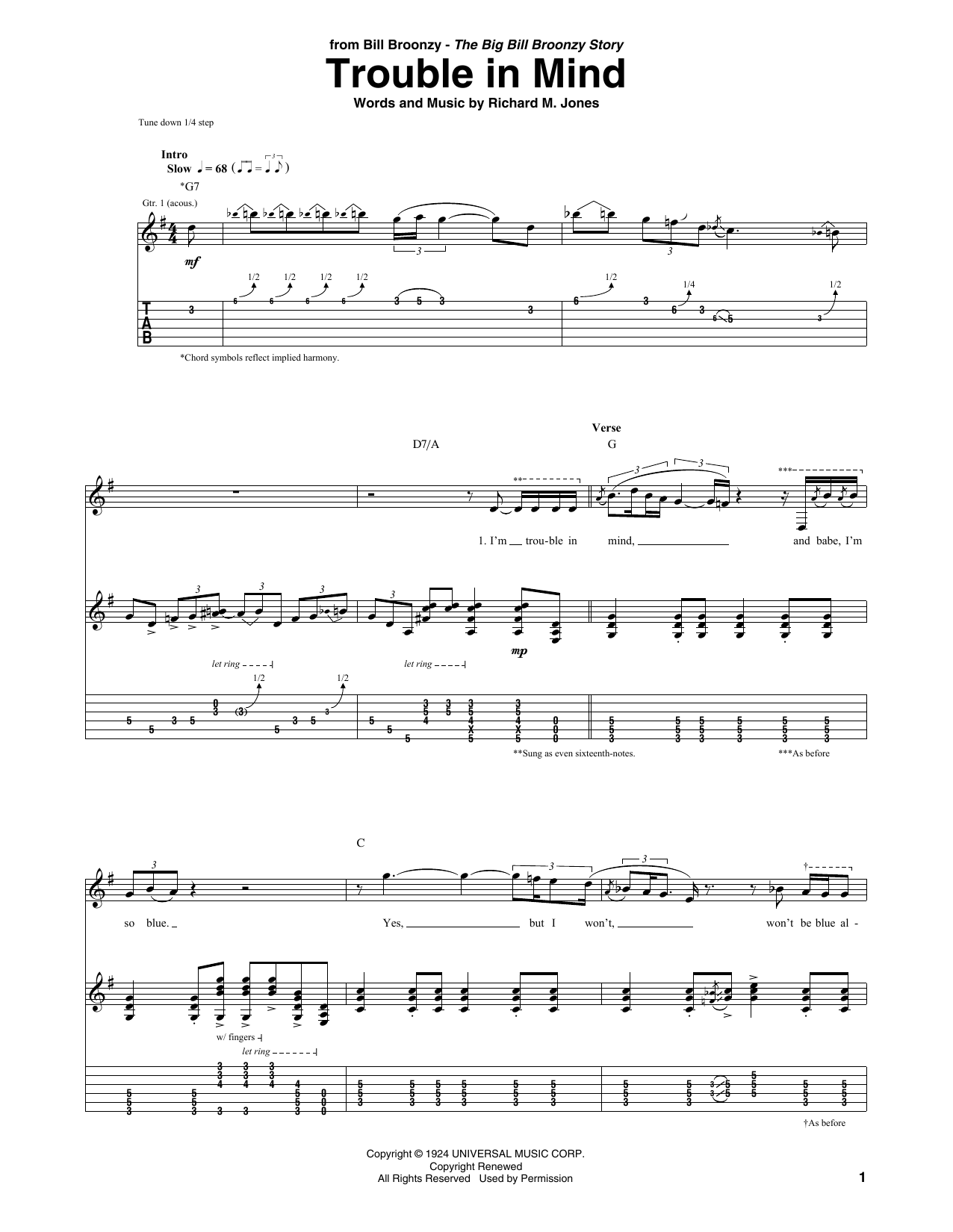 Big Bill Broonzy Trouble In Mind sheet music notes and chords. Download Printable PDF.