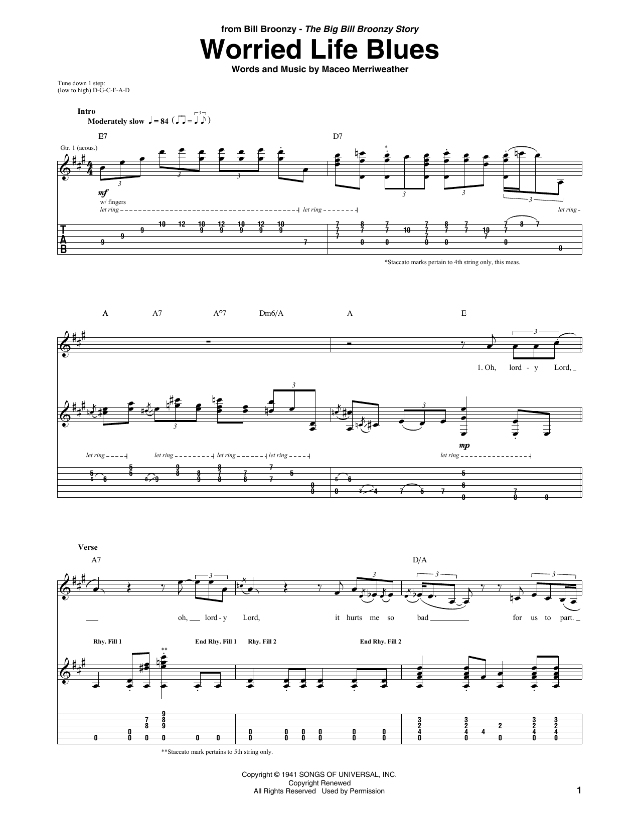 Big Bill Broonzy Worried Life Blues sheet music notes and chords. Download Printable PDF.