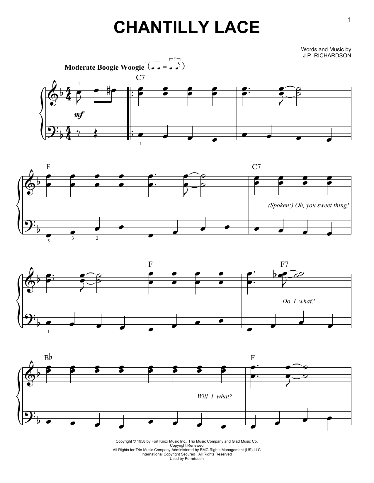 Learn to play Big Bopper Chantilly Lace sheet music for Easy Piano in minutes. Price: 6.9900$ Big Bopper Chantilly Lace sheet music notes and chords arranged for Easy Piano