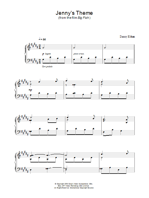 Learn to play Danny Elfman Jenny's Theme (from Big Fish) sheet music for Piano Solo in minutes. Price: 7.8900$ Danny Elfman Jenny's Theme (from Big Fish) sheet music notes and chords arranged for Piano Solo