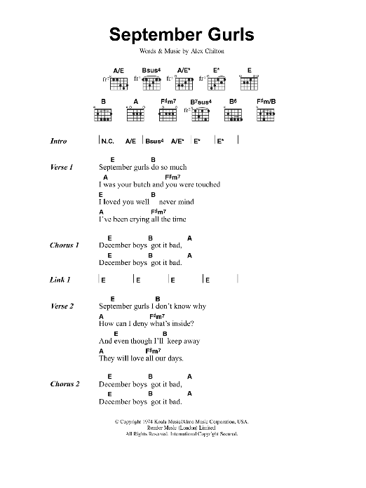 Big Star September Gurls sheet music notes and chords. Download Printable PDF.