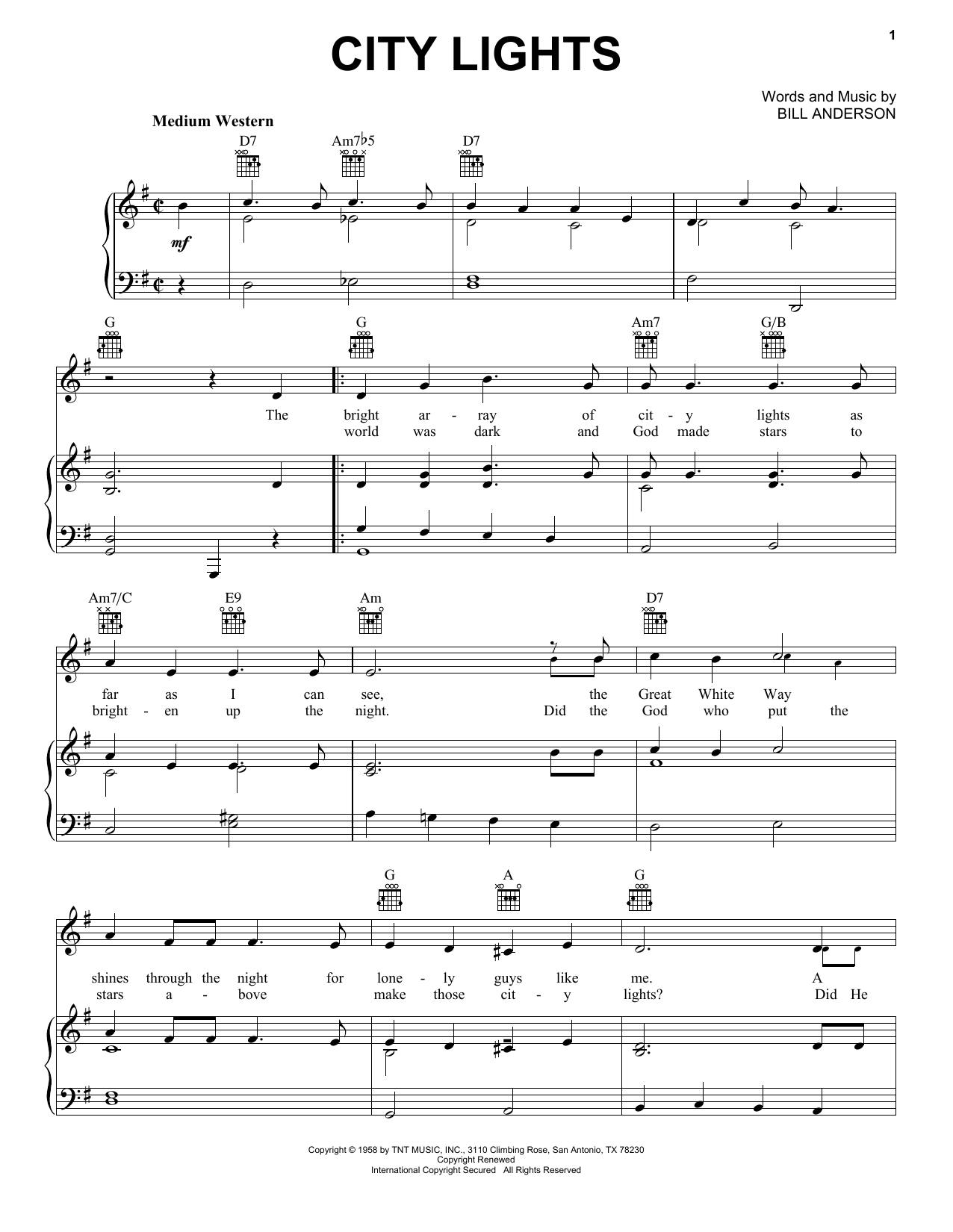 Learn to play Bill Anderson City Lights sheet music for Piano, Vocal & Guitar Chords (Right-Hand Melody) in minutes. Price: 7.8900$ Bill Anderson City Lights sheet music notes and chords arranged for Piano, Vocal & Guitar Chords (Right-Hand Melody)