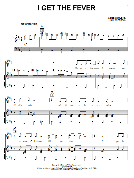 Learn to play Bill Anderson I Get The Fever sheet music for Piano, Vocal & Guitar Chords (Right-Hand Melody) in minutes. Price: 7.8900$ Bill Anderson I Get The Fever sheet music notes and chords arranged for Piano, Vocal & Guitar Chords (Right-Hand Melody)