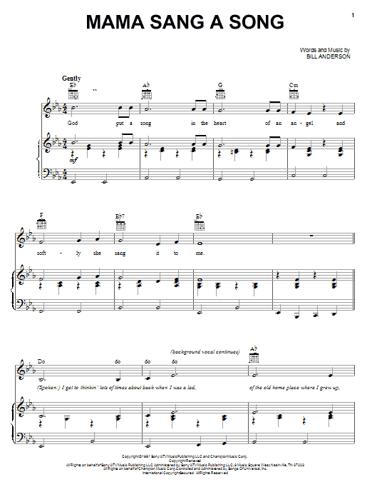 Learn to play Bill Anderson Mama Sang A Song sheet music for Piano, Vocal & Guitar Chords (Right-Hand Melody) in minutes. Price: 7.8900$ Bill Anderson Mama Sang A Song sheet music notes and chords arranged for Piano, Vocal & Guitar Chords (Right-Hand Melody)