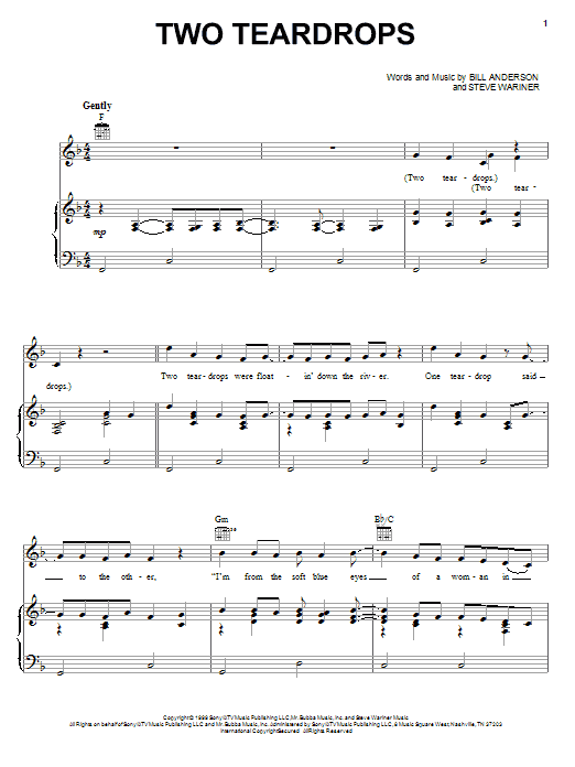 Bill Anderson Two Teardrops sheet music notes and chords arranged for Piano, Vocal & Guitar Chords (Right-Hand Melody)