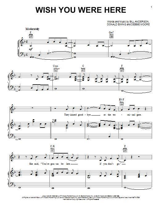 Learn to play Bill Anderson Wish You Were Here sheet music for Piano, Vocal & Guitar Chords (Right-Hand Melody) in minutes. Price: 7.8900$ Bill Anderson Wish You Were Here sheet music notes and chords arranged for Piano, Vocal & Guitar Chords (Right-Hand Melody)