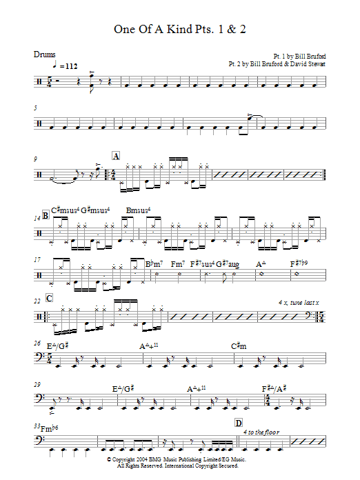 Bill Bruford One Of A Kind Pts. 1 & 2 sheet music notes and chords. Download Printable PDF.