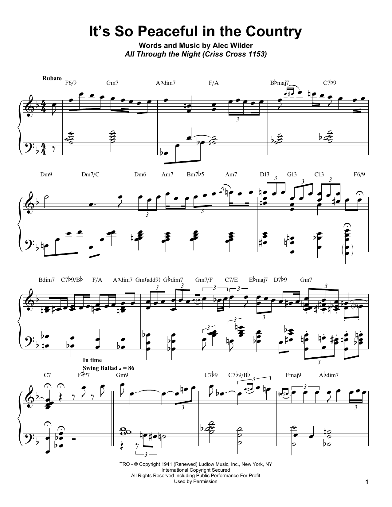 Bill Charlap It's So Peaceful In The Country sheet music notes and chords. Download Printable PDF.