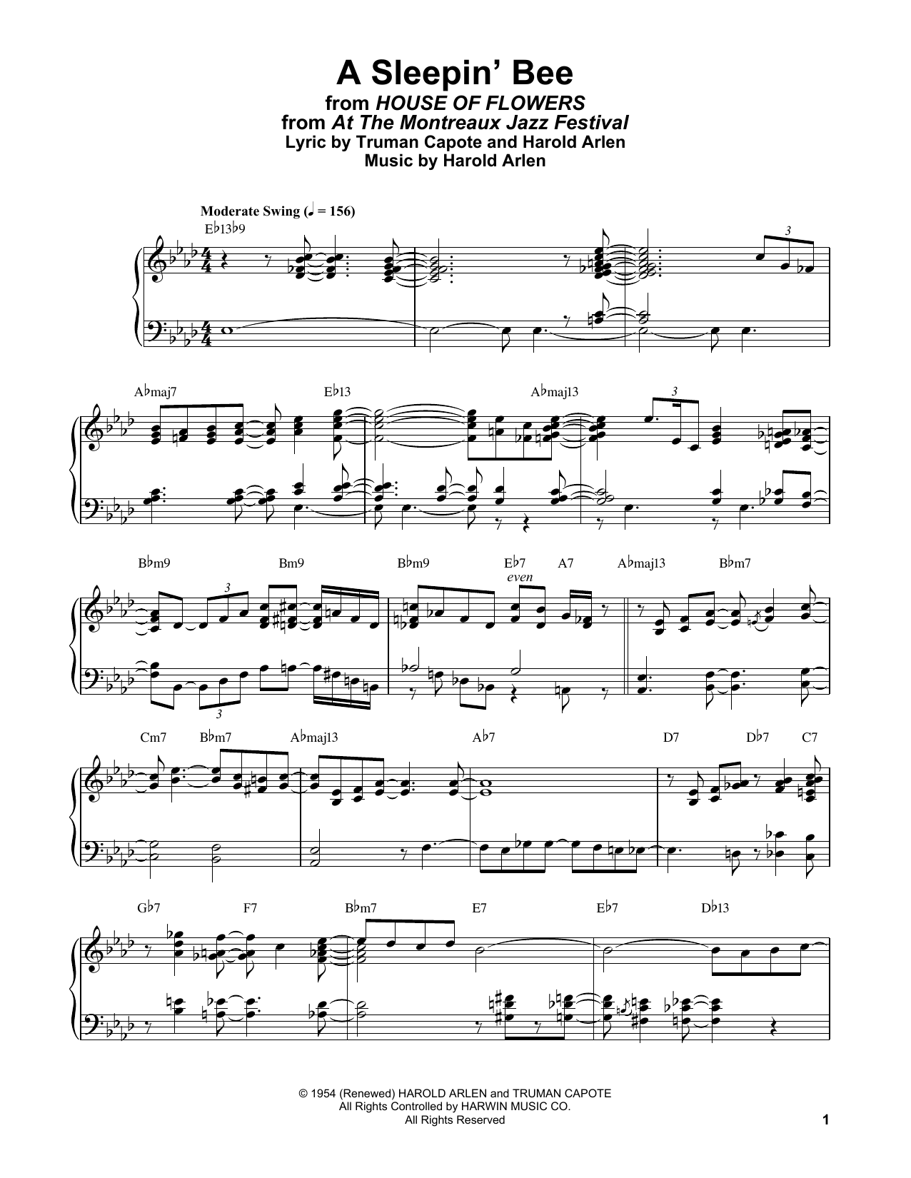 Bill Evans A Sleepin' Bee (from House Of Flowers) sheet music notes and chords arranged for Piano Solo