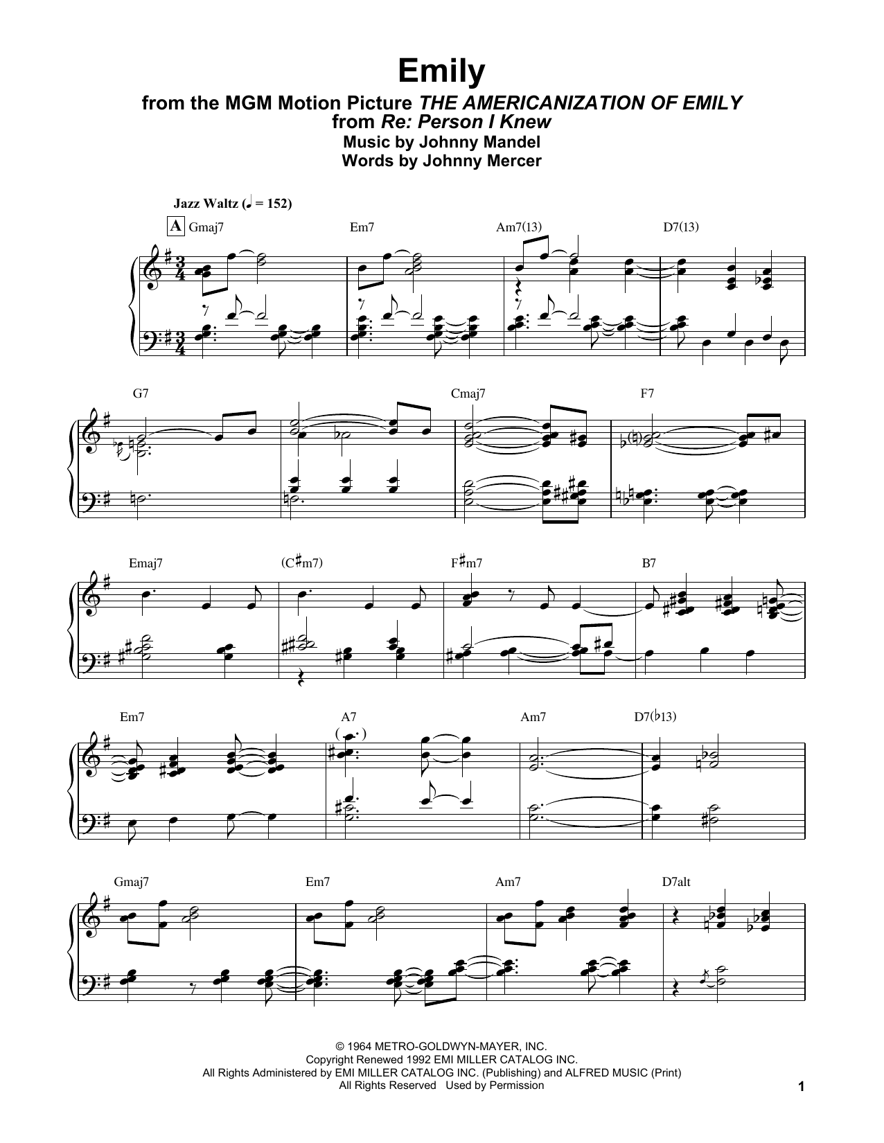 Bill Evans Emily (from The Americanization of Emily) sheet music notes and chords arranged for Piano Solo