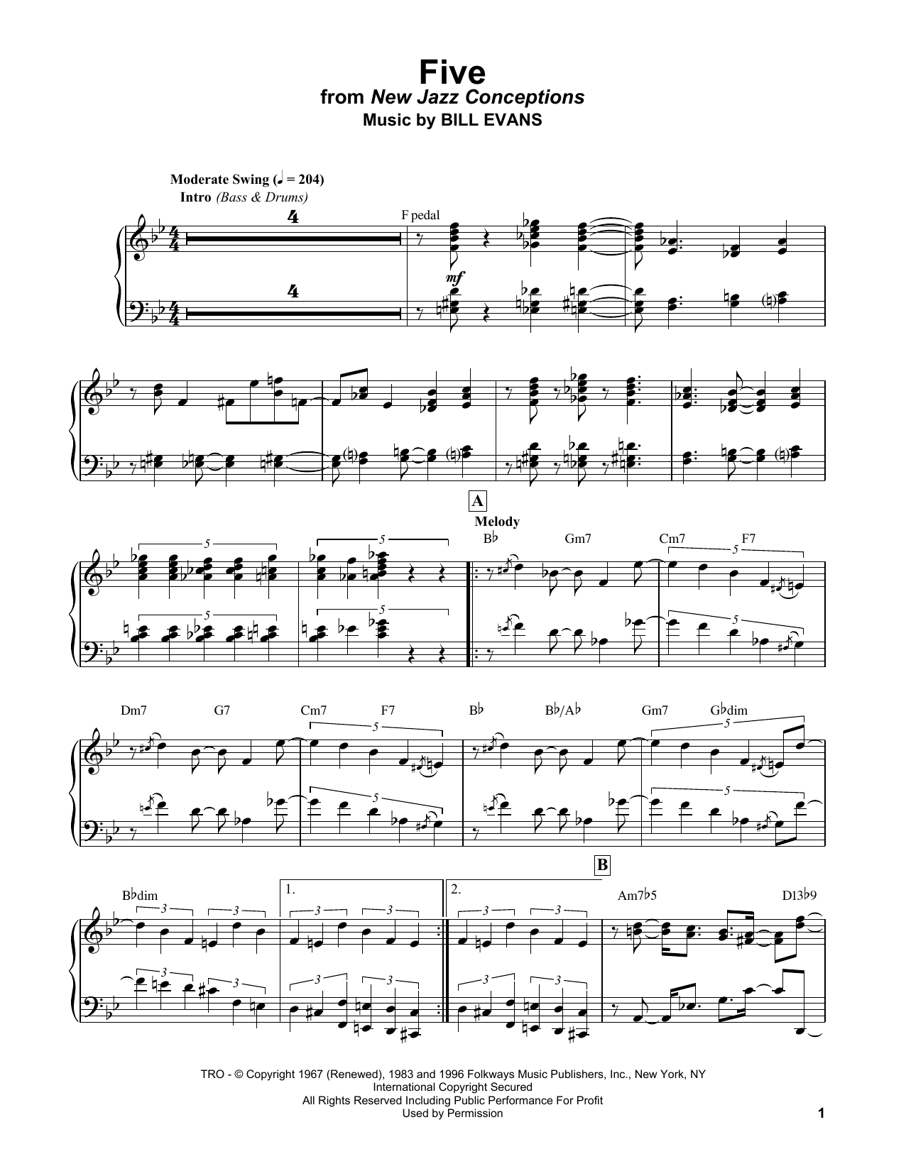 Bill Evans Five sheet music notes and chords arranged for Piano Solo