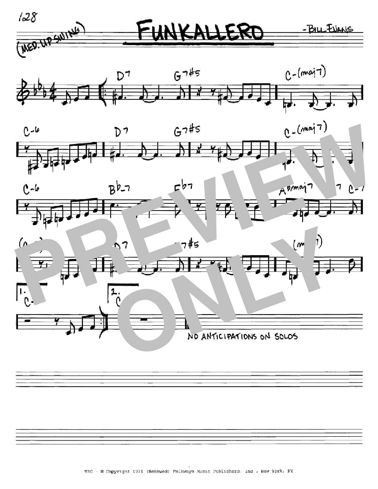 Bill Evans Funkallero sheet music notes and chords. Download Printable PDF.