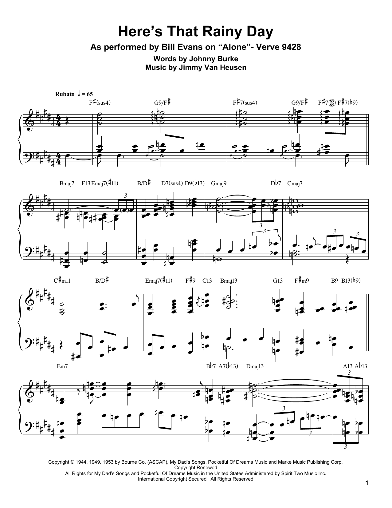 Bill Evans Here's That Rainy Day sheet music notes and chords. Download Printable PDF.