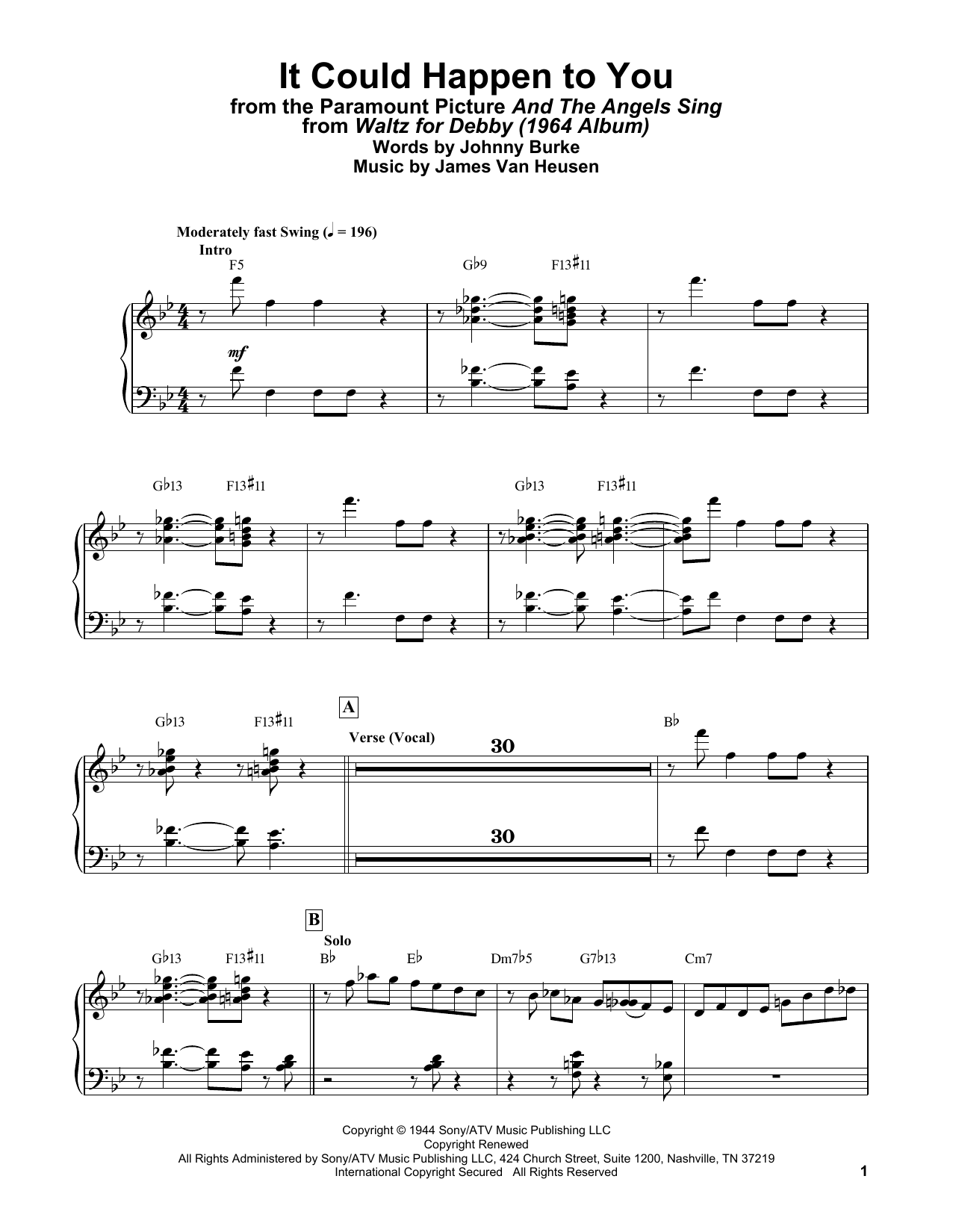 Bill Evans It Could Happen To You (from And The Angels Sing) sheet music notes and chords arranged for Piano Solo