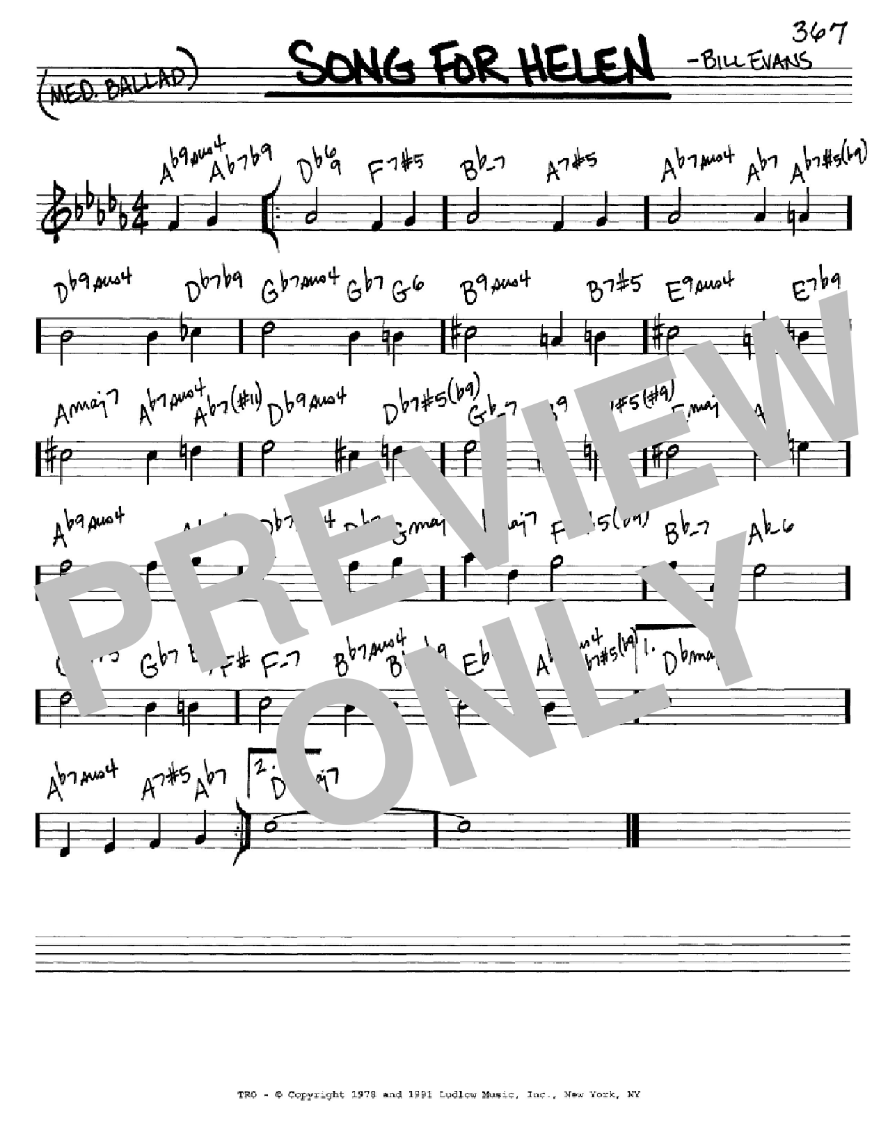 Bill Evans Song For Helen sheet music notes and chords arranged for Real Book – Melody & Chords – C Instruments