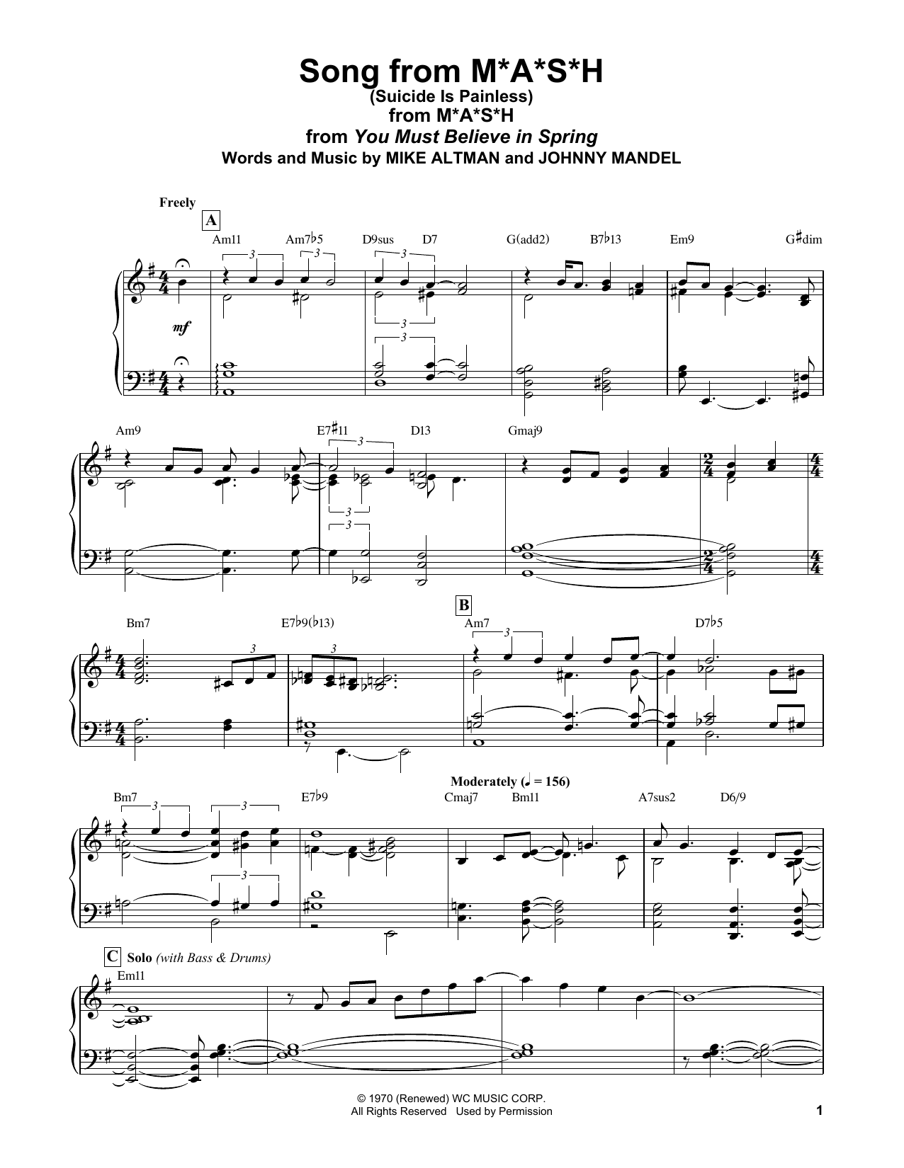 Bill Evans Song From M*A*S*H (Suicide Is Painless) sheet music notes and chords. Download Printable PDF.