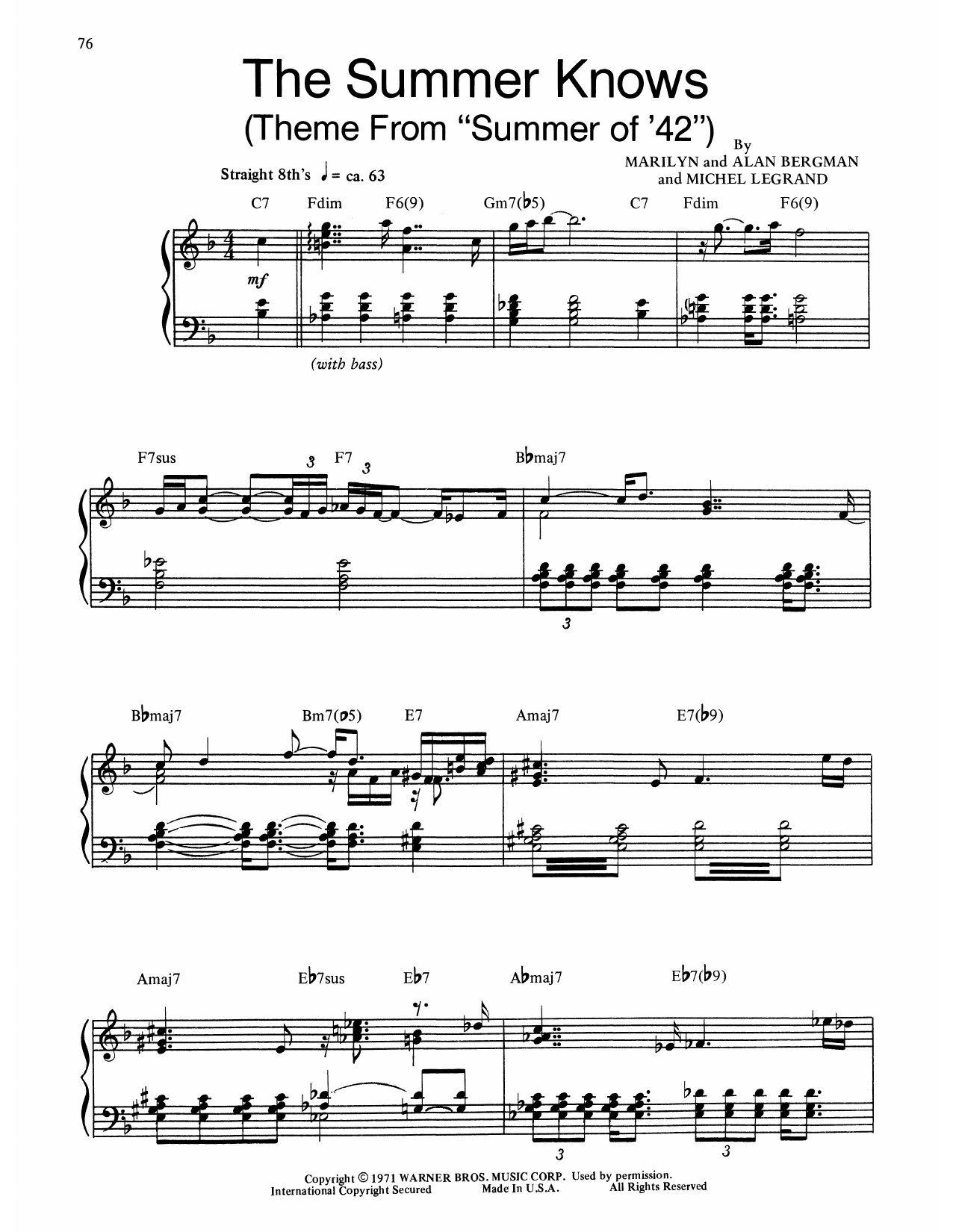 Bill Evans Theme From Summer Of '42 (The Summer Knows) sheet music notes and chords. Download Printable PDF.