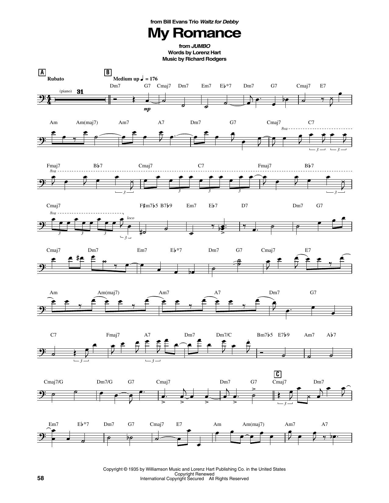 Learn to play Bill Evans Trio My Romance sheet music for String Bass Transcription in minutes. Price: 5.9900$ Bill Evans Trio My Romance sheet music notes and chords arranged for String Bass Transcription